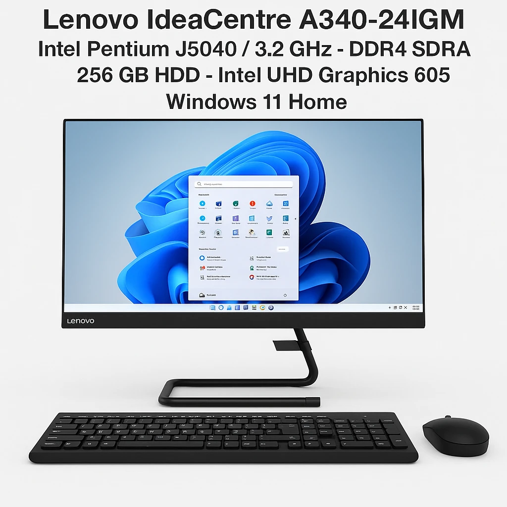 Lenovo IdeaCentre A340-24IGM - All-in-one - Intel Pentium J5040 / 3.2 GHz - DDR4 SDRAM - 256 GB HDD - 23.8" - Intel UHD Graphics 605 - Windows 11 Home - All black - Spanish