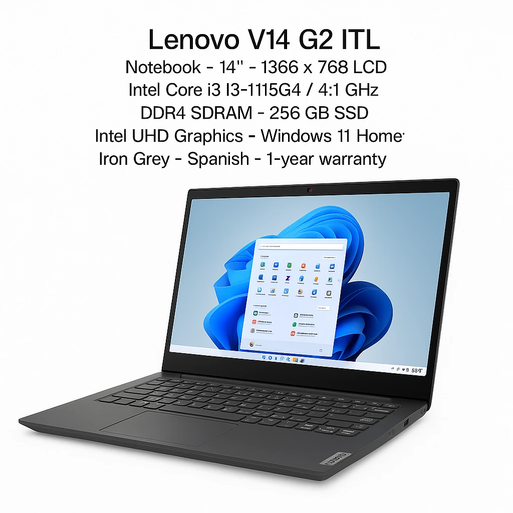 Lenovo V14 G2 ITL - Notebook - 14" - 1366 x 768 LCD - Intel Core i3 I3-1115G4 / 4.1 GHz - DDR4 SDRAM - 256 GB SSD - Intel UHD Graphics - Windows 11 Home - Iron Grey - Spanish - 1-year warrant