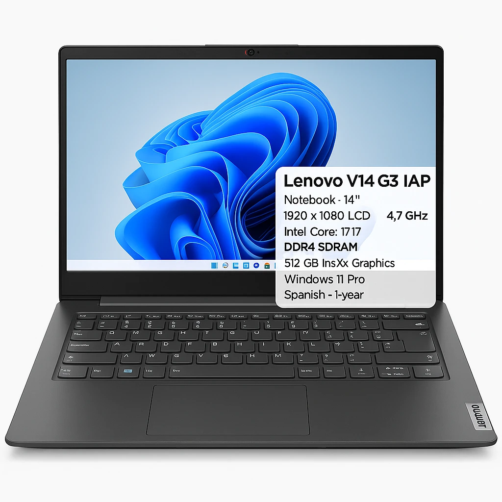 Lenovo V14 G3 IAP - Notebook - 14" - 1920 x 1080 LCD - Intel Core i7 I7-1255U / 4.7 GHz - DDR4 SDRAM - 512 GB SSD - Intel Iris Xe Graphics - Windows 11 Pro - Iron Grey - Spanish - 1-year warr