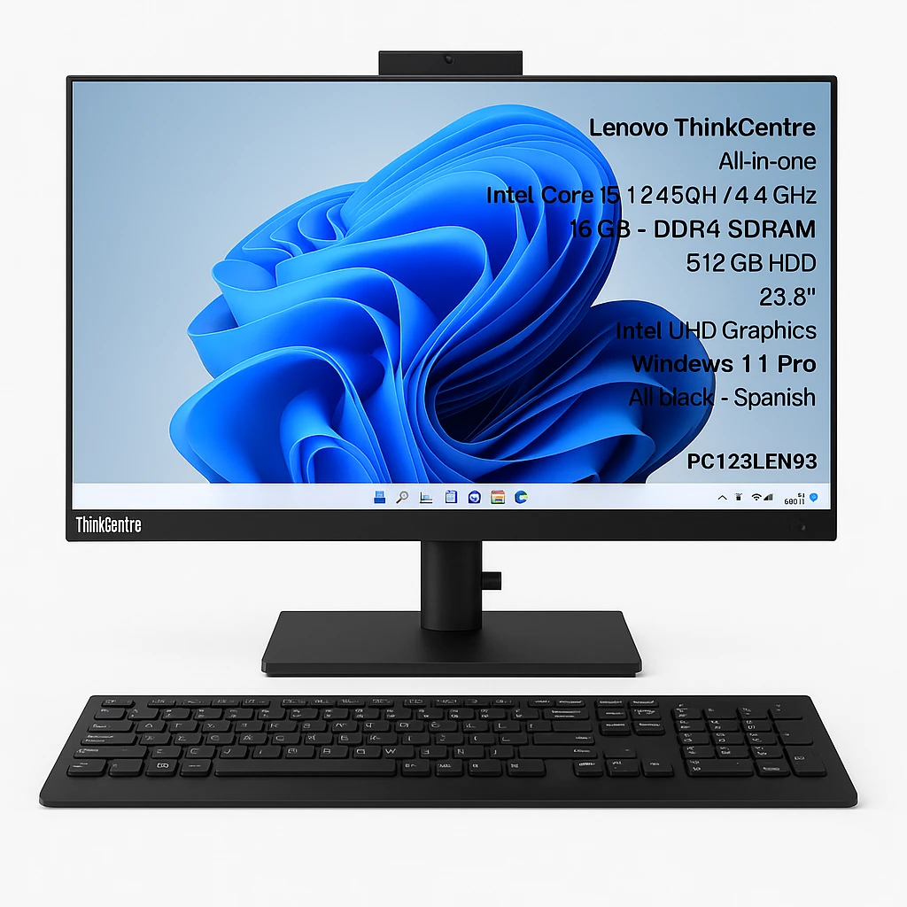Lenovo ThinkCentre - All-in-one - Intel Core i5 12450H / 4.4 GHz - 16 GB - DDR4 SDRAM - 512 GB HDD - 23.8" - Intel UHD Graphics - Windows 11 Pro - All black - Spanish