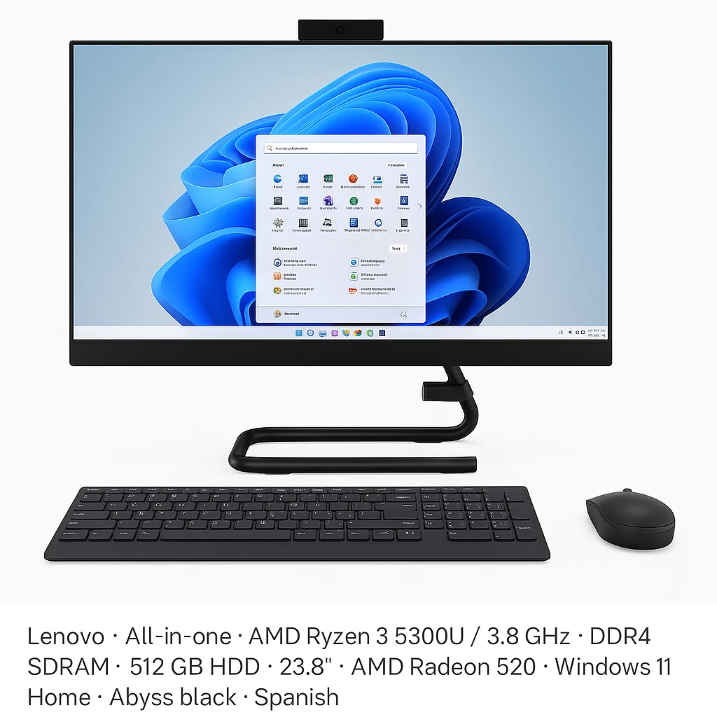 Lenovo - All-in-one - AMD Ryzen 3 5300U / 3.8 GHz - DDR4 SDRAM - 512 GB HDD - 23.8" - AMD Radeon 520 - Windows 11 Home - Abyss black - Spanish