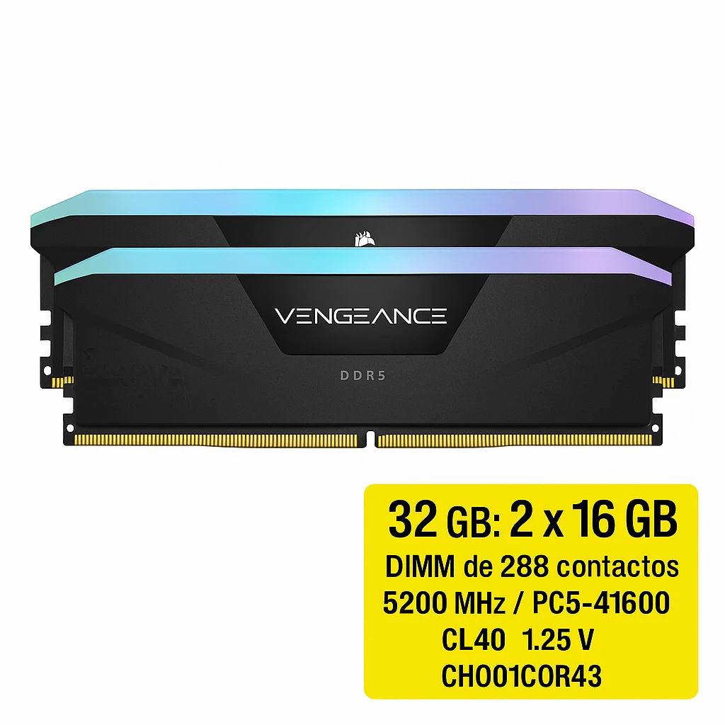CORSAIR Vengeance RGB - DDR5 - kit - 32 GB: 2 x 16 GB - DIMM de 288 contactos - 5200 MHz / PC5-41600 - CL40 - 1.25 V - negro