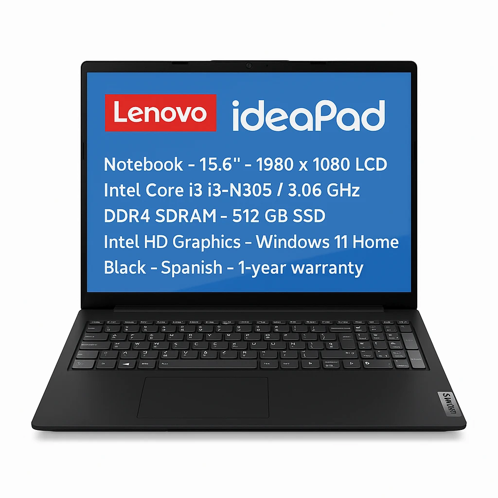 Lenovo IdeaPad - Notebook - 15.6" - 1980 x 1080 LCD - Intel Core i3 i3-N305 / 3.06 GHz - DDR4 SDRAM - 512 GB SSD - Intel HD Graphics - Windows 11 Home - Black - Spanish - 1-year warranty