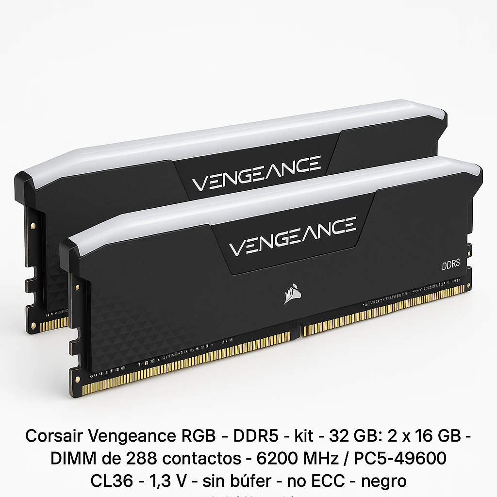 CORSAIR Vengeance RGB - DDR5 - kit - 32 GB: 2 x 16 GB - DIMM de 288 contactos - 6200 MHz / PC5-49600 - CL36 - 1.3 V - sin búfer - no ECC - negro