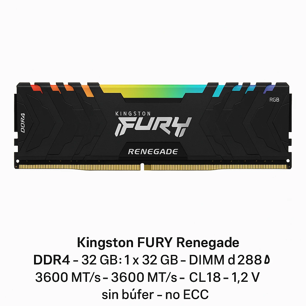 Kingston FURY Renegade RGB - DDR4 - módulo - 32 GB: 1 x 32 GB - DIMM de 288 contactos - 3600 MT/s / PC4-28800 - CL18 - 1.2 V - sin búfer - no ECC - negro