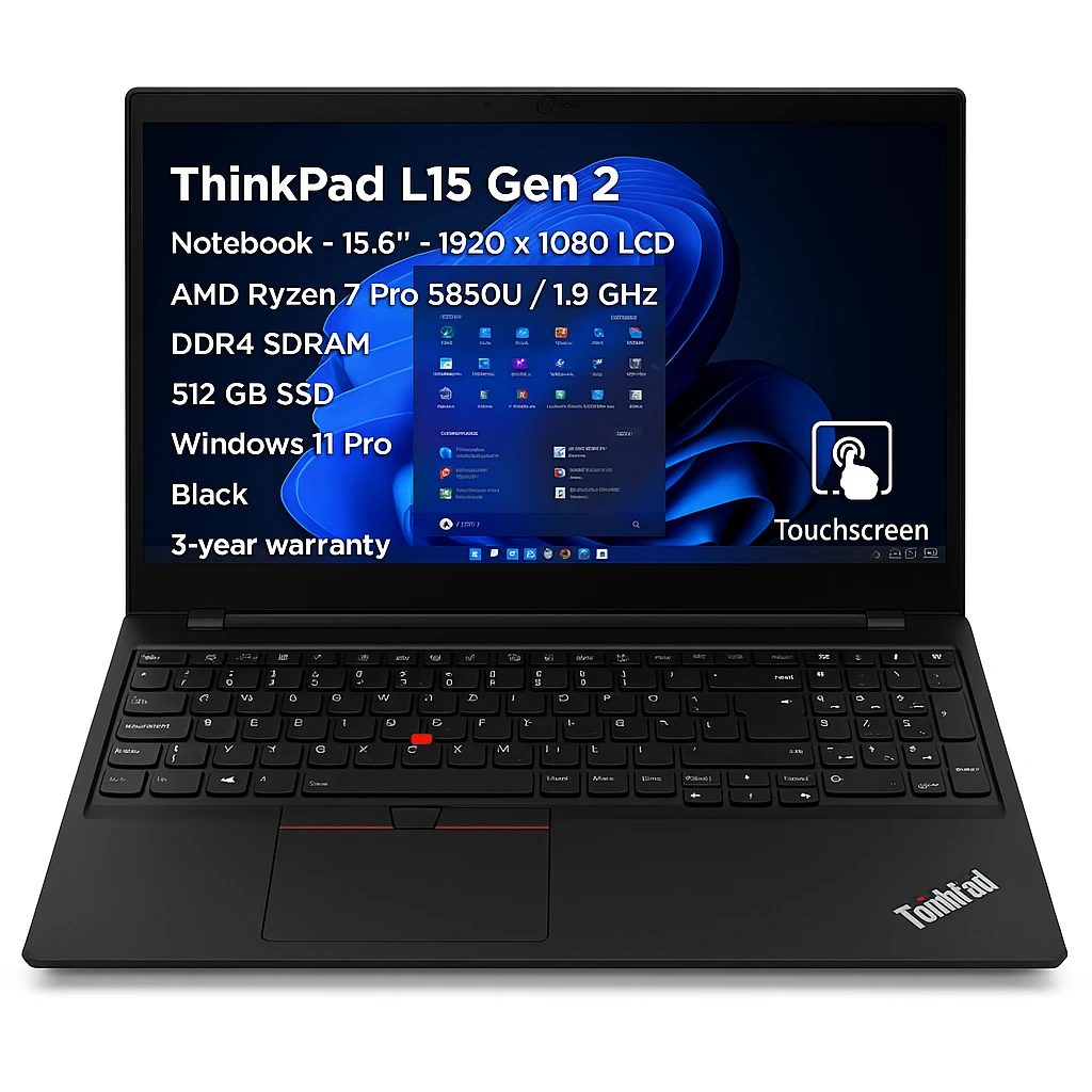 Lenovo ThinkPad L15 Gen 2 - Notebook - 15.6" - 1920 x 1080 LCD - Touchscreen - AMD Ryzen 7 Pro 5850U / 1.9 GHz - DDR4 SDRAM - 512 GB SSD - Windows 11 Pro - Black - Spanish - 3-year warranty