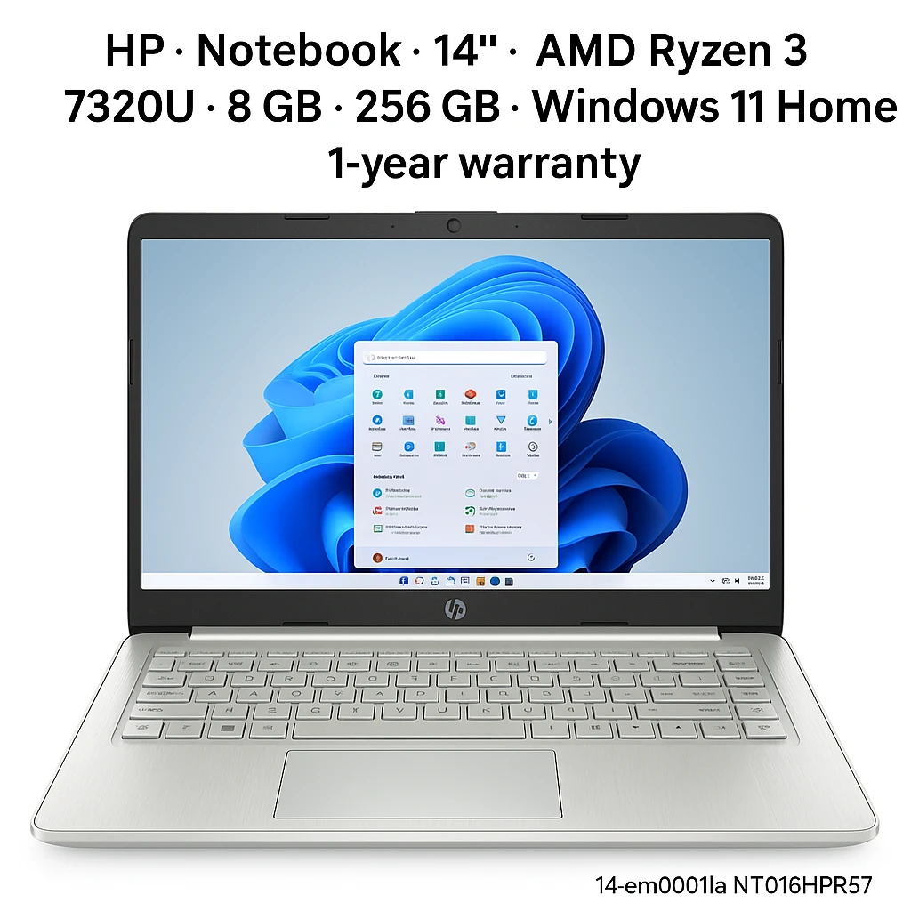 HP - Notebook - 14" - AMD Ryzen 3 7320U - 8 GB - 256 GB - Windows 11 Home - 1-year warranty - 14-em0001la