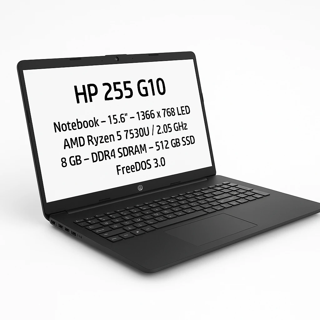 HP 255 G10 - Notebook - 15.6" - 1366 x 768 LED - AMD Ryzen 5 7530U / 2.05 GHz - 8 GB - DDR4 SDRAM - 512 GB SSD - FreeDOS 3.0 - Black - 81Z35LT#ABM