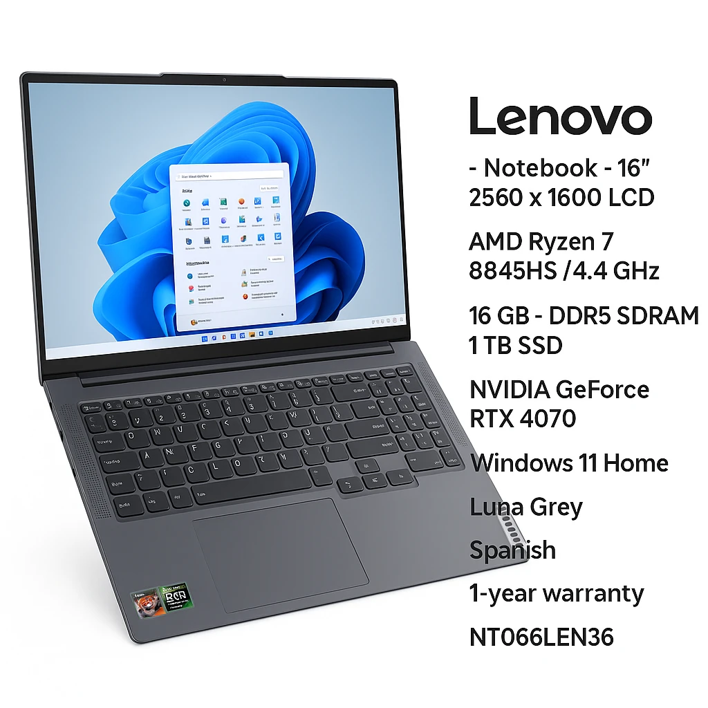 Lenovo - Notebook - 16" - 2560 x 1600 LCD - AMD Ryzen 7 8845HS / 4.4 GHz - 16 GB - DDR5 SDRAM - 1 TB SSD - NVIDIA GeForce RTX 4070 - Windows 11 Home - Luna Grey - Spanish - 1-year warranty