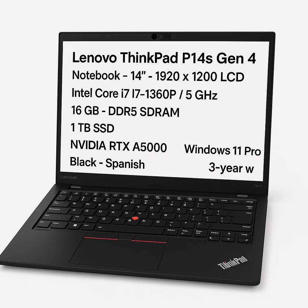 Lenovo ThinkPad P14s Gen 4 - Notebook - 14" - 1920 x 1200 LCD - Intel Core i7 I7-1360P / 5 GHz - 16 GB - DDR5 SDRAM - 1 TB SSD - NVIDIA RTX A5000 - Windows 11 Pro - Black - Spanish - 3-year w