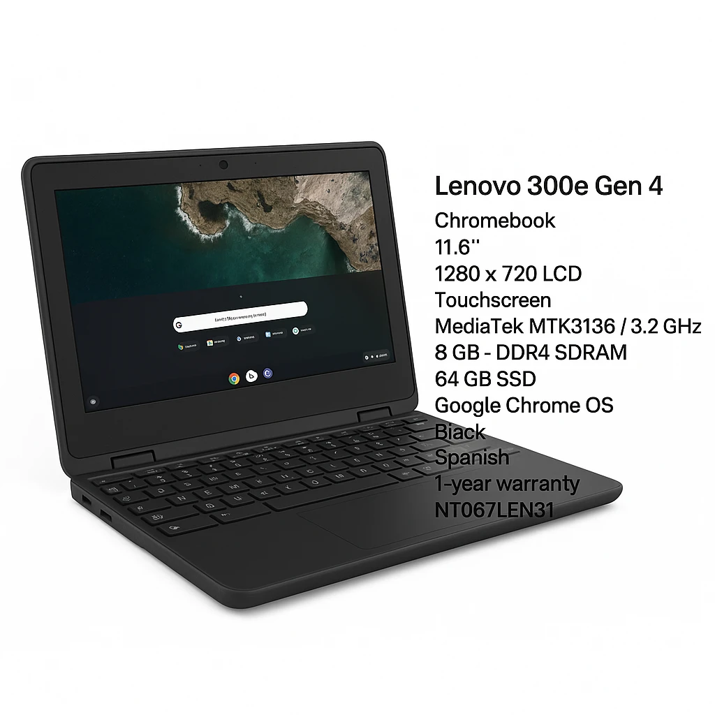 Lenovo 300e Gen 4 - Chromebook - 11.6" - 1280 x 720 LCD - Touchscreen - MediaTek MTK8186 / 3.2 GHz - 8 GB - DDR4 SDRAM - 64 GB SSD - Google Chrome OS - Black - Spanish - 1-year warranty