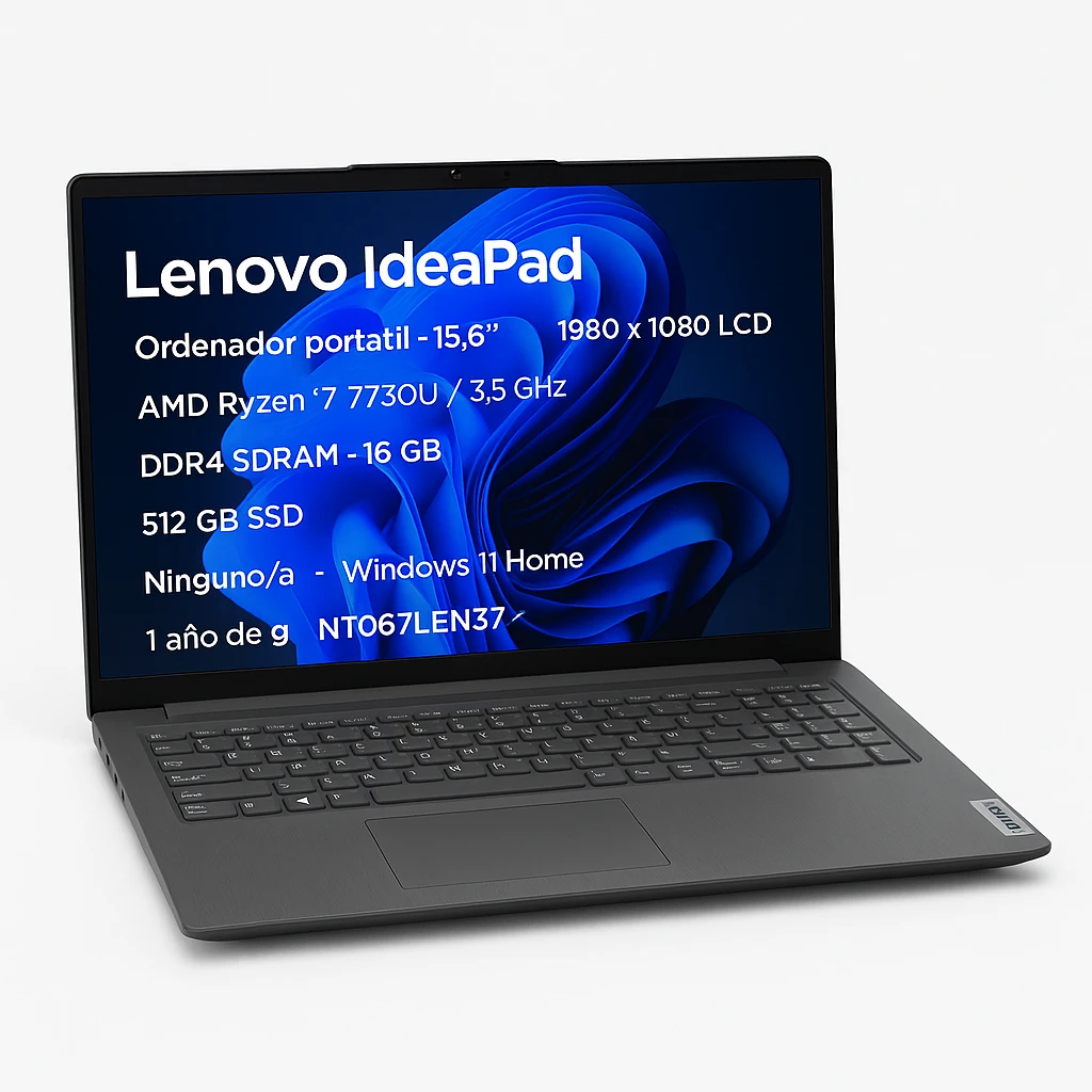 Lenovo IdeaPad - Ordenador portátil - 15.6" - 1980 x 1080 LCD - AMD Ryzen 7 7730U / 3.5 GHz - DDR4 SDRAM - 16 GB - 512 GB SSD - Ninguno/a - AMD Radeon - Windows 11 Home - Español - 1 año de g