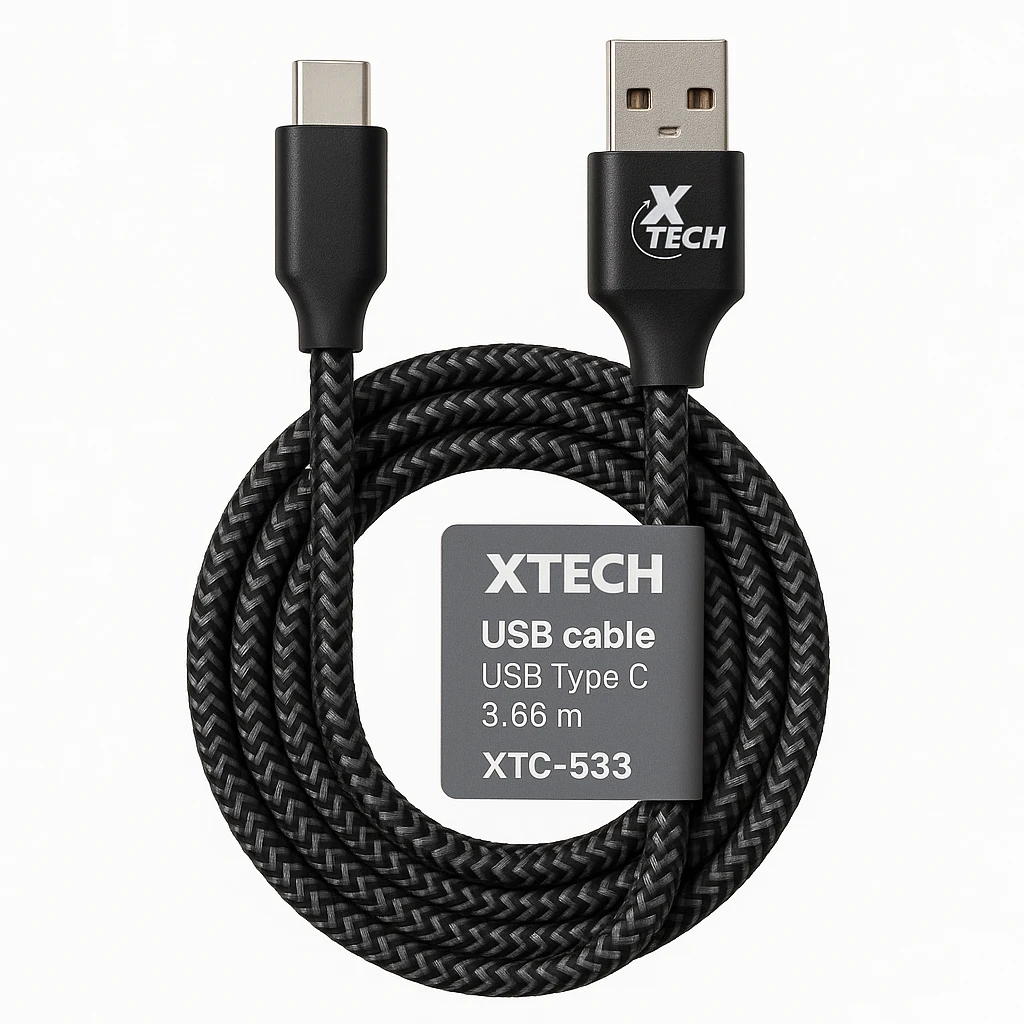 Xtech - USB cable - USB Type C - 3.66 m - Black & silver - (m) to (m) Braided XTC-533