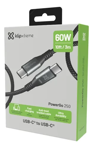 Klip Xtreme - USB cable - 24 pin USB-C - 3 m - Black - 60W Braided Fast charging